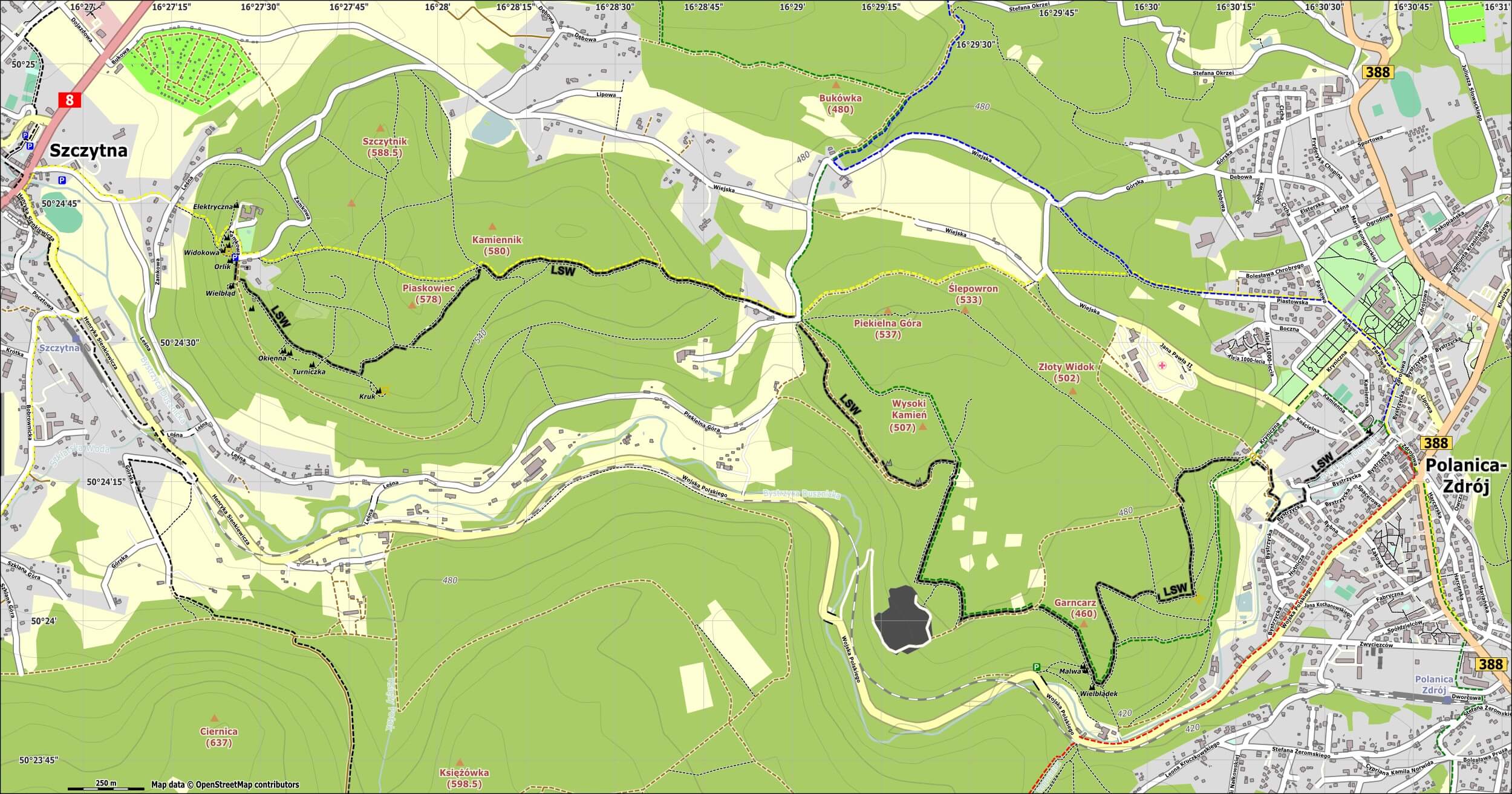 Mapa przebiegu Leśnego sSzlaku Wspinaczkowego Szczytnik - Polanica-Zdrój