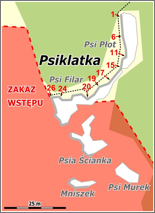 Mapa ścian skalnych w rejonie Psiklatki